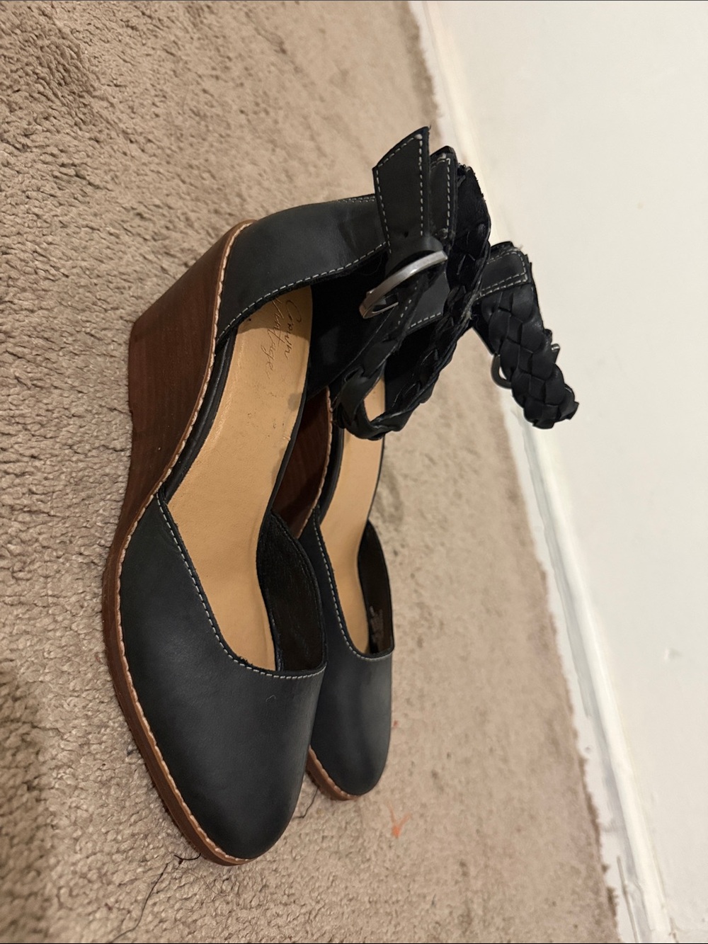 Crown Vintage Black Braided Ankle-Strap Wedge Sandals with Wood-Look Heel
